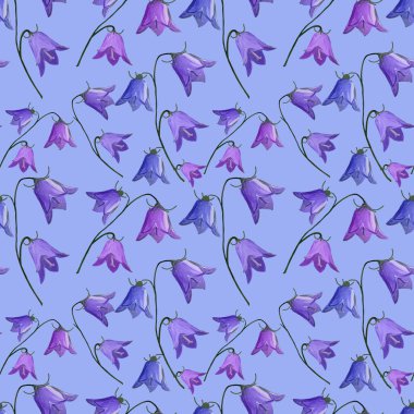 Açık mavi arka planda çan çiçekleri olan kusursuz desenli çan çiçekleri. Gouache 'de çiçek arkaplanı. Tatil hediyeleri ve hediye ambalaj kağıtları Tekstil, ambalaj, kumaş, duvar kağıdı.