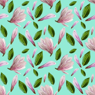 Çiçek açan manolya çiçekleri ve yapraklarıyla kusursuz desen. Suluboya çizimi. Tasarım, ambalaj kağıdı, kumaş, arkaplan için turkuaz arkaplan deseni.