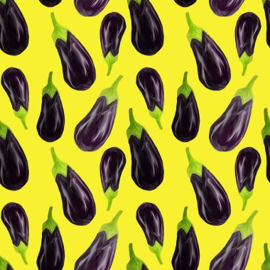 Seamles patlıcan desenli patlıcan sarı arka planda gerçekçi bir şekilde çizilmiş. Diyet için sebze, vejetaryen, sağlıklı beslenme. Restoran menüsü, ambalaj, ürün tasarımı olarak kullan.