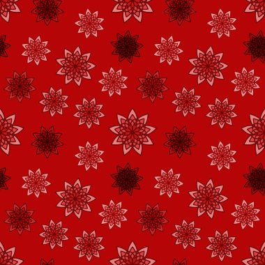 Kırmızı çiçekli süslemeli, pürüzsüz bir desen. Mutfak duvar kağıdı ya da banyo döşemesi için çiçek dokusu. ambalaj kağıdı, arkaplan, kumaş baskısı, duvar kağıdı olarak kullanılabilir.
