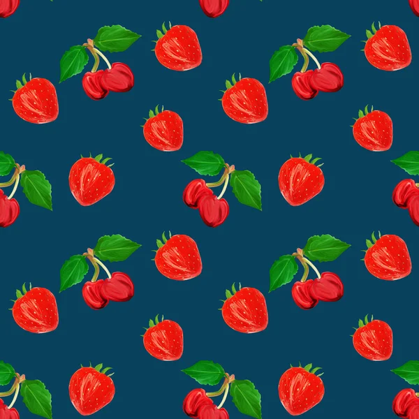 Gouache Naadloos Patroon Met Fruit Bessen Kers Aardbeien Een Blauwe — Stockfoto