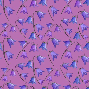 Kusursuz desenli, çan çiçekli, mor arka planda, gouache çiçekli. Bahar, yaz tatilleri hediyeleri ve hediye ambalaj kağıtları Tekstil, ambalaj, kumaş, duvar kağıdı.