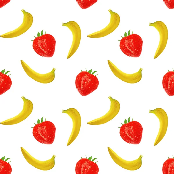 gouache seamless pattern with fruits and berries bananas and strawberry on white background, vegetarian pattern for for diet, healthy eating. Use as restaurant menu, packaging, product design,textile.