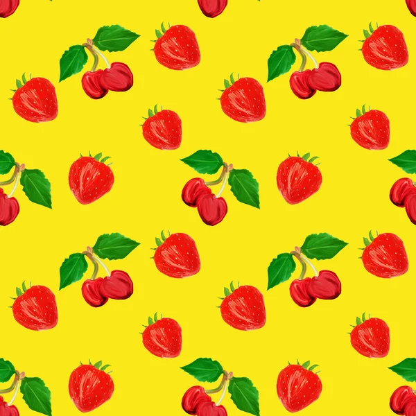 Gouache Seamless Pattern Fruits Berries Cherry Strawberry Yellow Background Vegetarian — Stock Photo, Image