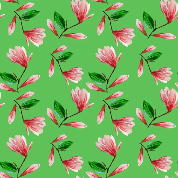 Sömlöst Mönster Med Blommande Magnolia Blommor Och Blad Gouache Illustrationen — Stockfoto