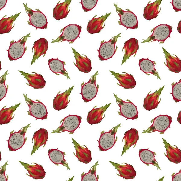 Seamless pattern with dragon fruits, pitaya on white background. Hand drawn gouache illustration in watercolor style for romantic cover, tropical wallpaper, restaurant menu, packaging, textile.