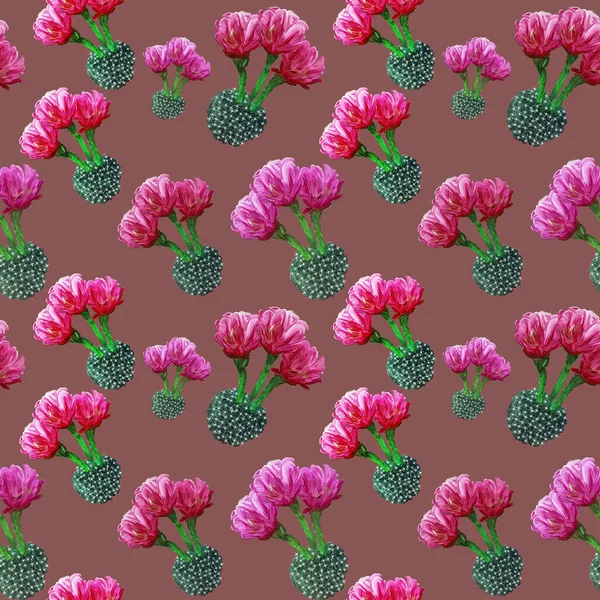 Sømløs Sommerens Tropiske Mønsterbakgrunn Med Blomstrende Kaktuser Sukkulenter Lys Brun – stockfoto