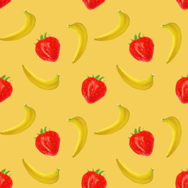 Sarı arka planda meyveler, muzlar ve çilekler, diyet için vejetaryen desenler, sağlıklı beslenme. Restoran menüsü, ambalaj, ürün tasarımı, tekstil olarak kullan.