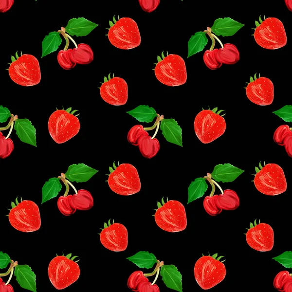 Gouache Naadloos Patroon Met Fruit Bessen Kers Aardbeien Een Zwarte — Stockfoto