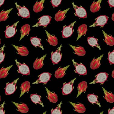 Ejderha meyveli kusursuz desen, siyah arka planda pitaya. Romantik kapak, tropikal duvar kâğıdı, restoran menüsü, ambalaj, tekstil için suluboya tarzında el çizimi gouache çizimi.