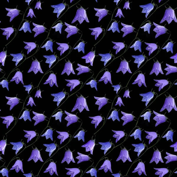 Nahtloses Muster Mit Glockenblumen Glockenblumen Auf Schwarzem Hintergrund Floraler Hintergrund — Stockfoto