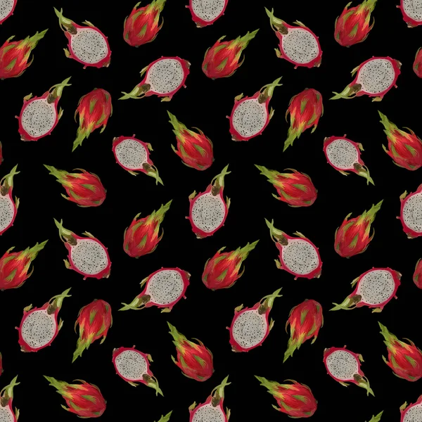 Padrão Sem Costura Com Frutas Dragão Pitaya Fundo Preto Ilustração — Fotografia de Stock