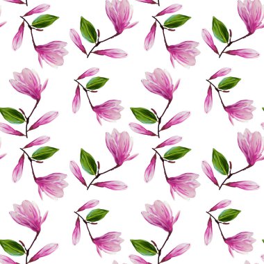 Çiçek açan manolya çiçekleri ve yapraklarıyla kusursuz desen. Gouache illüstrasyonu. Tasarım, ambalaj kağıdı, kumaş, arkaplan için izole edilmiş beyaz arkaplan deseni.