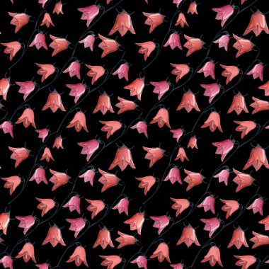 Siyah arka planda çan çiçekleri olan kusursuz desenli çan çiçekleri. Gouache 'de çiçek arkaplanı. Tatil hediyeleri ve hediye ambalaj kağıtları Tekstil, ambalaj, kumaş, duvar kağıdı.