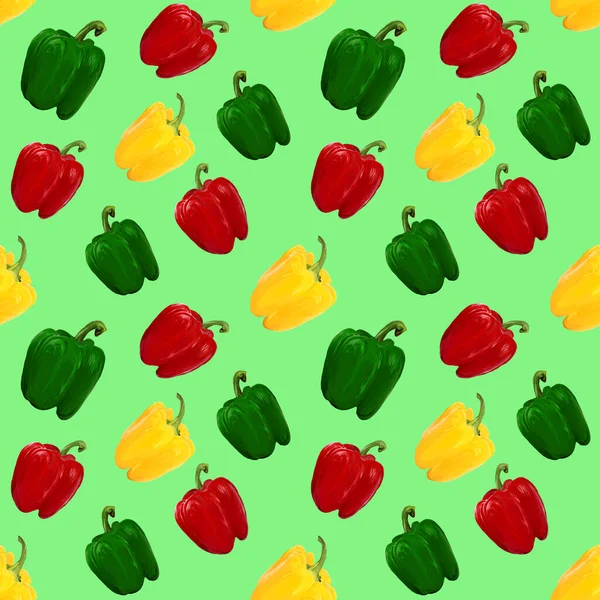 Röd Gul Grön Paprika Vegetabiliskt Sömlöst Mönster Ljusgrön Bakgrund Vegetariskt — Stockfoto