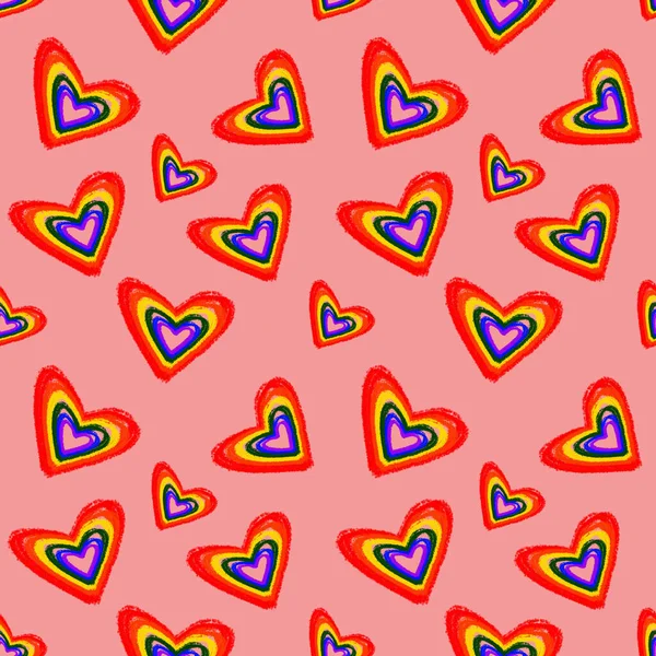 Seamless Pattern Rainbow Hearts Colored Lgbt Flag Colors Coral Background — Stock Photo, Image