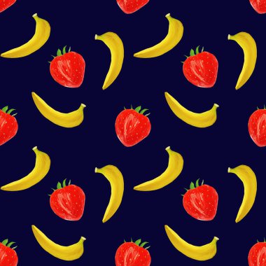 Mavi arka planda meyveler, muzlar ve çilekler, diyet için vejetaryen desenler, sağlıklı yiyecekler. Restoran menüsü, ambalaj, ürün tasarımı, tekstil olarak kullan