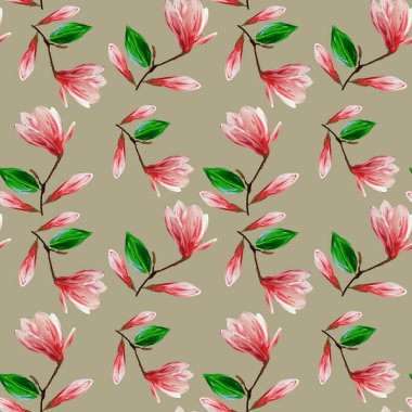 Çiçek açan manolya çiçekleri ve yapraklarıyla kusursuz desen. Gouache illüstrasyonu. Tasarım, ambalaj kağıdı, kumaş, arkaplan için izole soluk arkaplan deseni