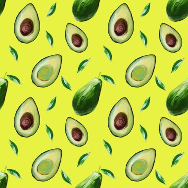 Avokado 'nun kusursuz deseni. Avokado, sarı renkte el çizimi çizimi. Gıda el çizimi. Paketleme, kumaş, tekstil, duvar kağıdı, web sitesi, kartpostallar için tasarım