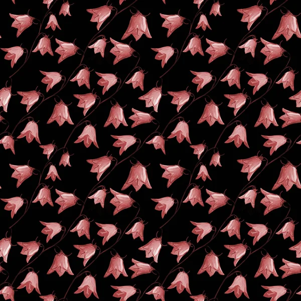 Nahtloses Muster mit Glockenblumen Glockenblumen auf schwarzem Hintergrund. Floraler Hintergrund in Gouache. Weihnachtsgeschenke und Geschenkpapier für Textilien, Verpackungen, Stoffe, Tapeten — Stockfoto