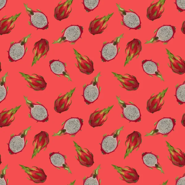 Modello senza cuciture con frutti di drago, sfondo corallo pitaya. Illustrazione guazzo disegnato a mano in stile acquerello per copertina romantica, carta da parati tropicale, menu del ristorante, imballaggio, tessile — Foto Stock