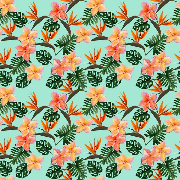Modèle tropical sans couture avec plumeria et strelitzia avec des feuilles sur fond vert. Motif sans couture avec des feuilles colorées de colocasie, filodendron, monstère. Papier peint exotique. Style hawaïen — Photo