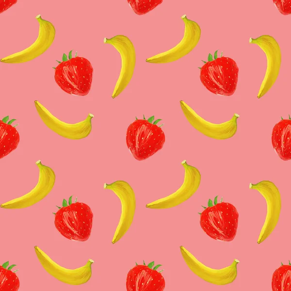 Patrón sin costuras gouache con frutas y bayas plátanos y fresas sobre un fondo rosa, patrón vegetariano para la dieta, alimentación saludable. Uso como menú de restaurante, embalaje, diseño de productos, textil —  Fotos de Stock