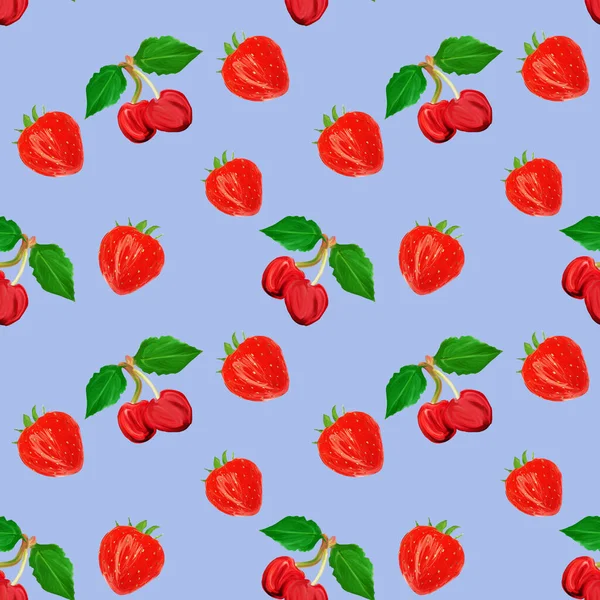 Gouache naadloos patroon met fruit en bessen kers en aardbeien op een blauwe achtergrond, vegetarisch patroon voor dieet, gezond eten. Gebruik als restaurantmenu, verpakking, productontwerp, textiel — Stockfoto