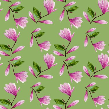 Çiçek açan manolya çiçekleri ve yapraklarıyla kusursuz desen. Gouache illüstrasyonu. Tasarımınız, ambalaj kağıdınız, kumaşınız, arka planınız için izole edilmiş şam fıstığı deseni