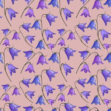 Bej arka planda çan çiçekleri olan kusursuz desenler, campanula çiçekleri. Gouache çiçekleri. Bahar, yaz tatilleri hediyeleri ve hediye ambalaj kağıtları Tekstil, ambalaj, kumaş, duvar kağıdı