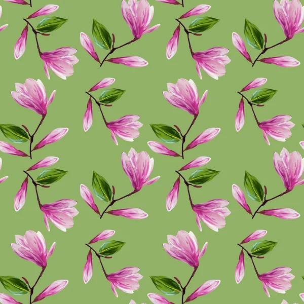 Nahtloses Muster mit blühenden Magnolienblüten und -blättern. Gouache-Illustration. Muster auf isoliertem Pistazienhintergrund für Ihr Design, Geschenkpapier, Stoff, Hintergrund — Stockfoto