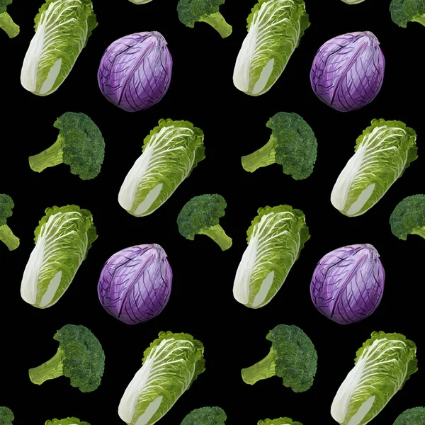 Beautiful seamless pattern with gouache hand drawn cabages on black background. Stock illustration. Healthy food painting for restaurant menu, packaging, product design, textile — Stock Photo, Image