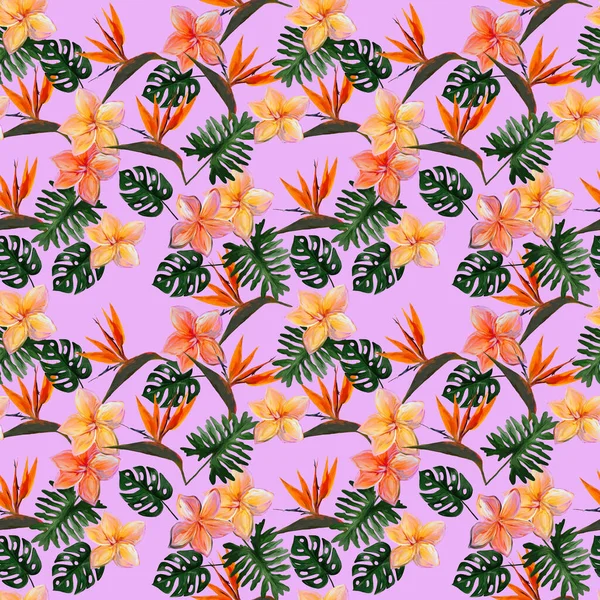 Modèle tropical sans couture avec plumeria et strelitzia avec des feuilles sur fond rose. Motif sans couture avec des feuilles colorées de colocasie, filodendron, monstère. Papier peint exotique. Style hawaïen — Photo