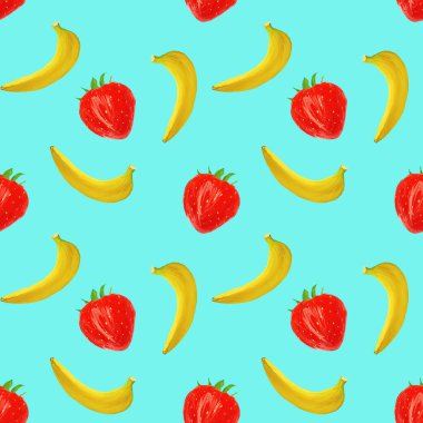 Açık mavi arka planda muzlu ve çilekli gouache deseni, diyet için vejetaryen desen, sağlıklı beslenme. Restoran menüsü, ambalaj, ürün tasarımı, tekstil olarak kullan.