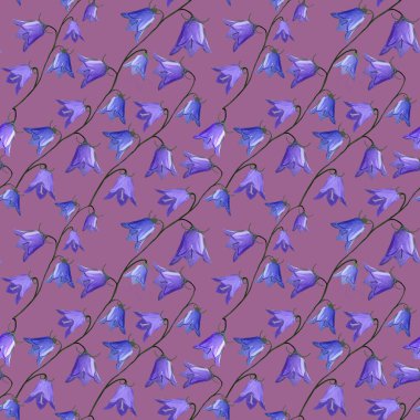 Menekşe arka planında çan çiçekleri olan kusursuz bir desen. Gouache 'de çiçek arkaplanı. Tatil hediyeleri ve hediye ambalaj kağıtları Tekstil, ambalaj, kumaş, duvar kağıdı.