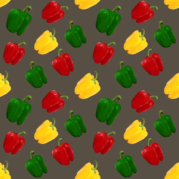 Rote Gelbe Grüne Paprika Pflanzliche Nahtlose Muster Auf Grauem Hintergrund — Stockfoto