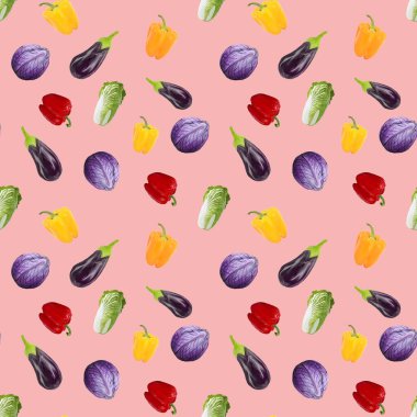 Kusursuz desenli vejetaryenlik patlıcan, biber, pembe arka planda lahana. Gouache el çizimi illüstrasyon. Taze yemek. Tekstil, ambalaj, kumaş, menü, restoran ve kafeler için tasarım.