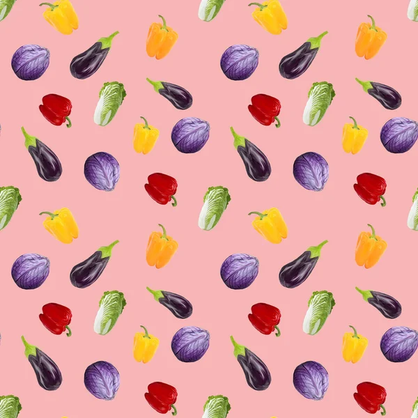 Kusursuz desenli vejetaryenlik patlıcan, biber, pembe arka planda lahana. Gouache el çizimi illüstrasyon. Taze yemek. Tekstil, ambalaj, kumaş, menü, restoran ve kafeler için tasarım.