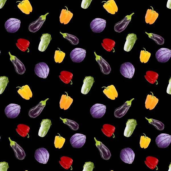 Sömlös Mönster Veganism Aubergine Paprika Kål Svart Bakgrund Gouache Handritad — Stockfoto