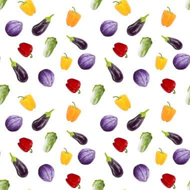 Kusursuz desenli veganizm patlıcan, biber, beyaz arka planda lahana. Gouache el çizimi illüstrasyon. Taze yemek. Tekstil, ambalaj, kumaş, menü, restoran tasarımı.