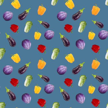 Kusursuz desenli vejetaryen patlıcan, biber, lahanalı lahanalı lahanalı lacivert arka plan. Gouache el çizimi illüstrasyon. Taze yemek. Tekstil, ambalaj, kumaş, menü, restoran tasarımı.