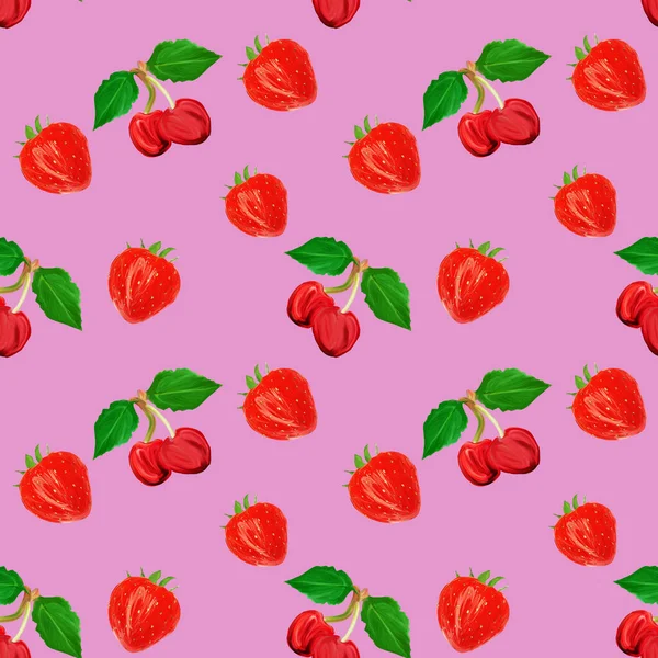 Gouache Zökkenőmentes Mintát Gyümölcsök Bogyók Cseresznye Eper Rózsaszín Alapon Vegetáriánus — Stock Fotó