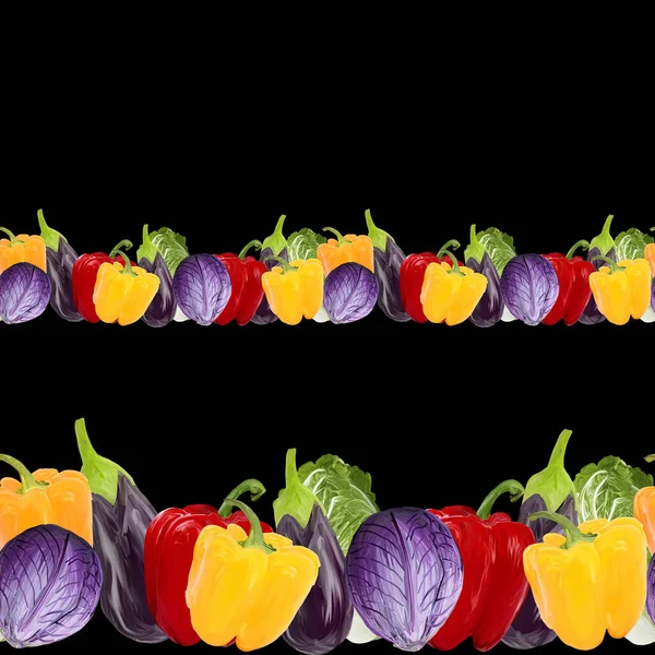 Seamless Border Vegetables Eggplant Peppers Cabbage Black Background Gouache Hand — Stock Photo, Image