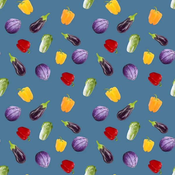 无缝图案的素食茄子 蓝底卷心菜 Gouache手绘图解 新鲜食物 纺织品 餐馆设计 — 图库照片