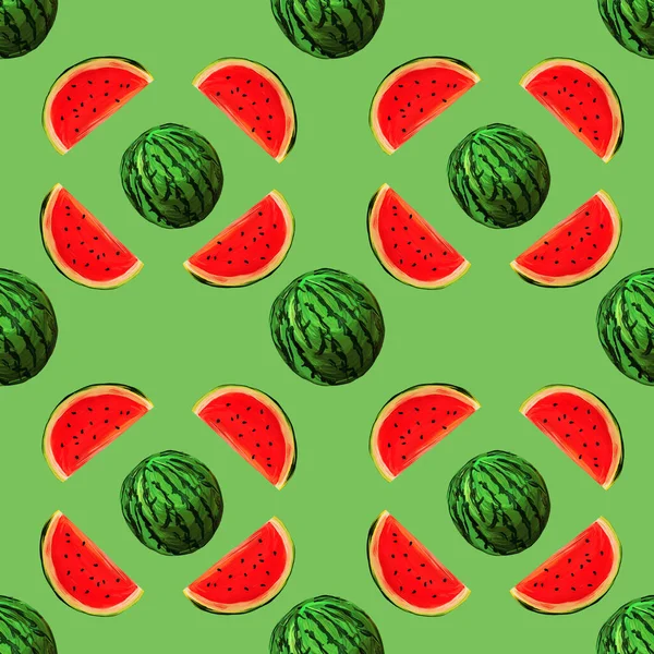 Naadloze Watermeloenen Patroon Licht Groene Achtergrond Achtergrond Met Gouache Watermeloen — Stockfoto