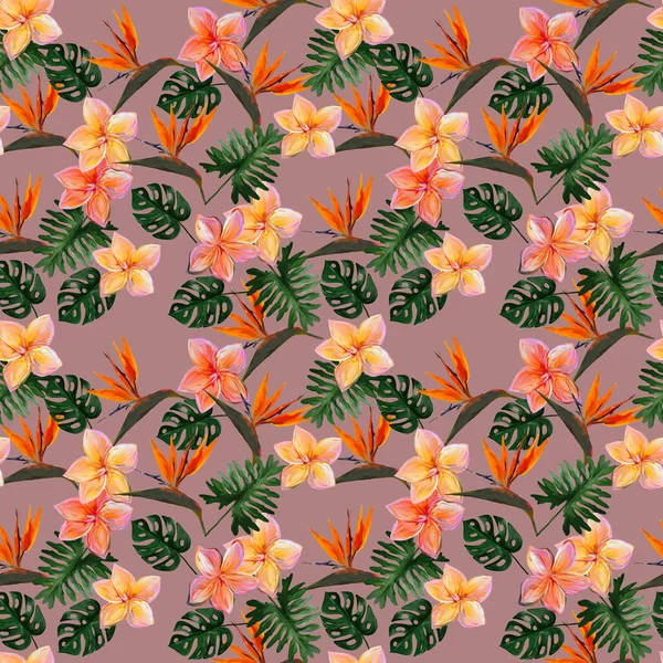プルメリアとベージュの背景に葉とストレリッツィアとシームレスな熱帯パターン コロシア フィロデンドロン モンスターのカラフルな葉を持つシームレスなパターン エキゾチックな壁紙 ハワイアンスタイル — ストック写真