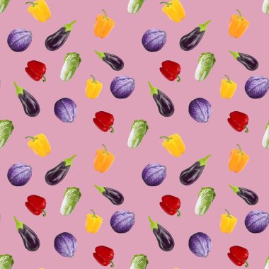 Kusursuz desenli vejetaryenlik patlıcan, biber, pembe arka planda lahana. Gouache el çizimi illüstrasyon. Taze yemek. Tekstil, ambalaj, kumaş, menü, restoran tasarımı.