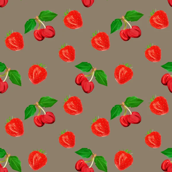 Gouache Nahtloses Muster Mit Früchten Und Beeren Kirsche Und Erdbeere — Stockfoto