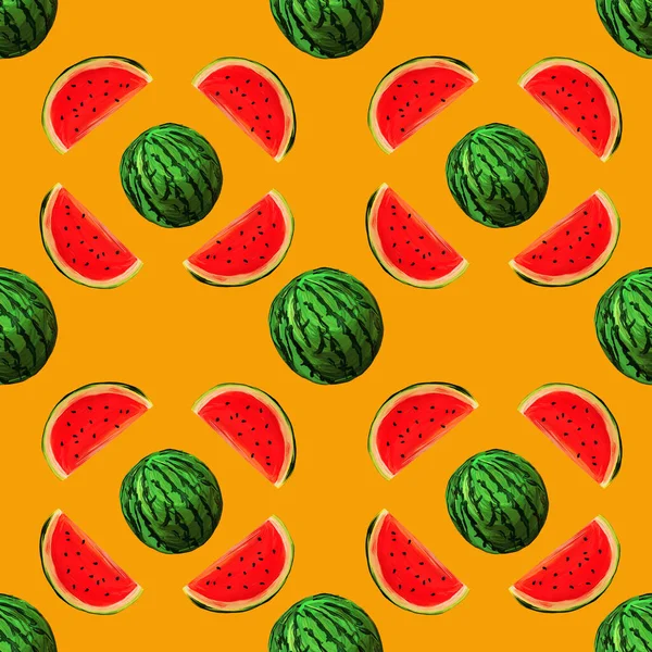 Naadloze Watermeloenen Patroon Gele Achtergrond Achtergrond Met Gouache Watermeloen Plakjes — Stockfoto
