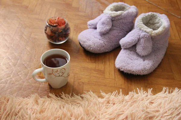 Un par de zapatillas en el suelo junto a una taza de té y una esponjosa manta a cuadros Imagen De Stock